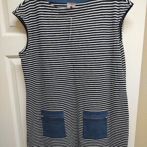 Blue & White Stripe Patch Pocket Denim Shift Dress Chico's Size 3